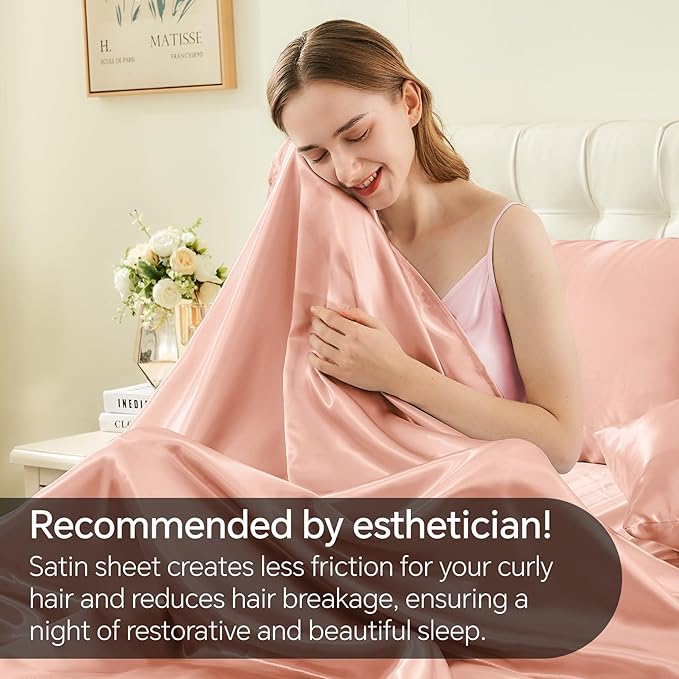 BEDELITE King Size Sheets Set, Luxury Soft Coral Pink Satin Sheets for Hair and Skin, Similar to Silk Bed Sheets Set 4 Pieces with 1 Deep Pocket Fitted Sheet, 1 Flat Sheet, and 2 Pillowcases