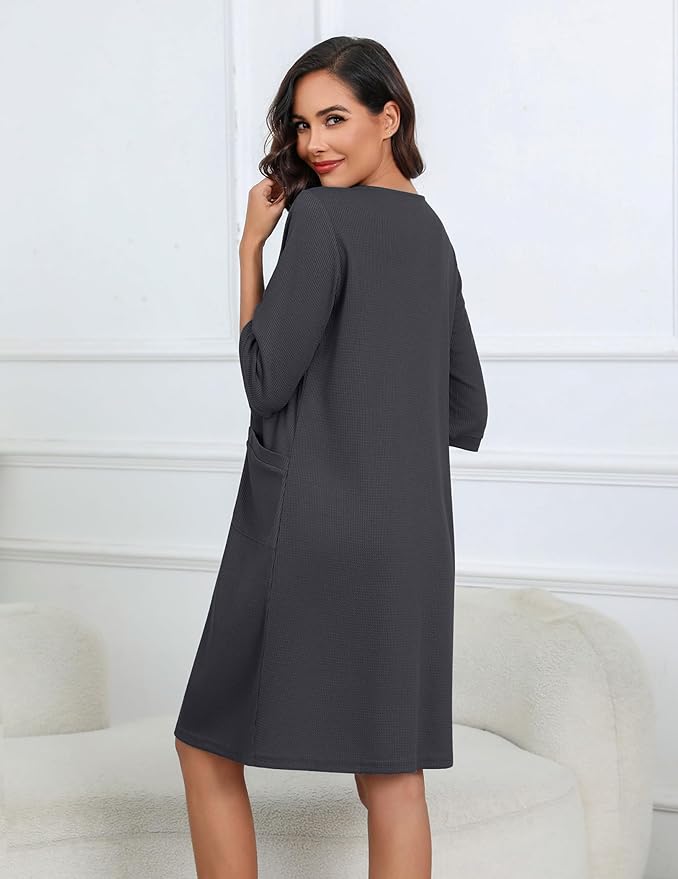 Ekouaer Women Zipper Robes Knee Length Waffle Knit Bathrobe Lightweight House Coat with Pockets 3/4 Sleeves Loungewear S-3XL