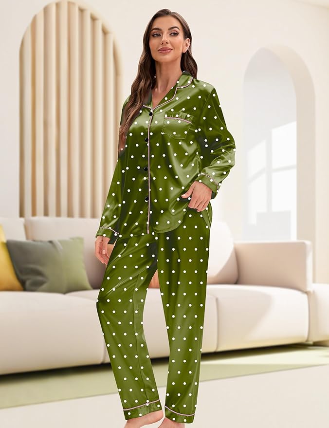 EPLAZA Silk Pajamas for Women Satin Pajamas Set 5 Pcs Long Sleeve Print Pattern Button Down Pjs Sleepwear Loungewear Set