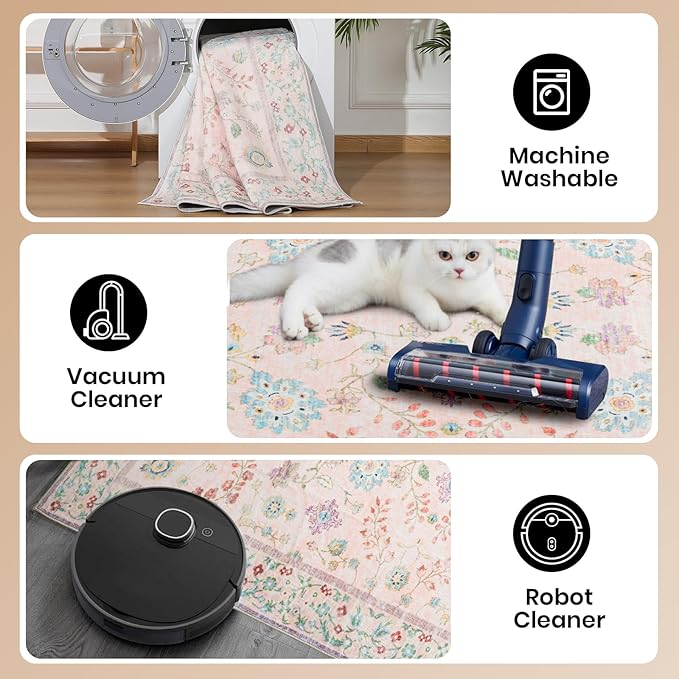 CRYPTOLITE Area Rug 4x6, Washable Faux Wool Throw Rugs for Living Room, Non Slip Low Pile Vintage Boho Carpet for Dining Room, Home Office, Bedroom, Kids Room, Bedside (Pink)