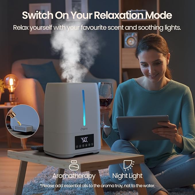 6L Top Fill Ultrasonic Humidifier - Cool and Warm Mist for Bedroom, Baby, Large Rooms & Plants, Smart Humidity Control, Aroma Diffuser, Night Light, 12H Timer, Quiet