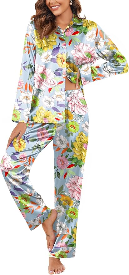 Ekouaer Women Satin Silk Pajamas Classic Long Sleeve Button Down Pjs Set Soft Loungewear