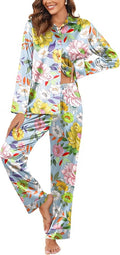Ekouaer Women Satin Silk Pajamas Classic Long Sleeve Button Down Pjs Set Soft Loungewear