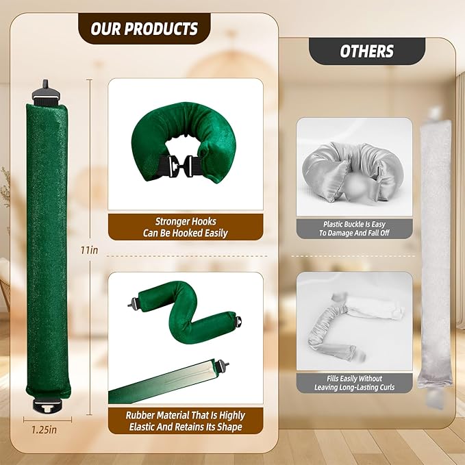 Overnight Heatless Hair Curler Jumbo Set, Overnight Rods for No Heat Curls - Velvet Satin Flexi Rods Sleep in Curlers Blowout, Hair Styling Accessories with Silk Scarf 4pcs Green