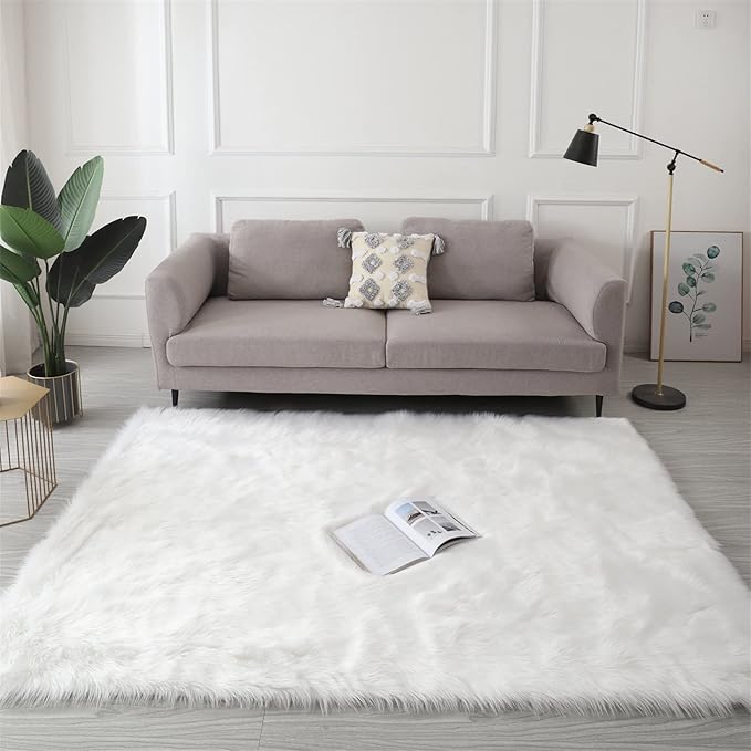 White Faux Fur Sheepskin Rug 6x9 Fuzzy Fur Rug Fluffy Carpet for Living Room Bedroom Luxury Room Decor, Washable Large Area Rugs for Kids Room Nursery Playroom