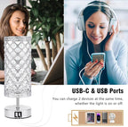 GZKPL Crystal Table Lamp, Touch Control Bedside Nightstand Desk Lamps Women Bedroom Decor Girly Bling Lamps with 2 USB Ports & Bulb Included for Home, Office, Living Room (Silver)