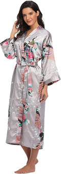 Valennia Women Long Silky Bathrobe Satin Kimono Robe Floral Printed Dressing Gown Sleepwear