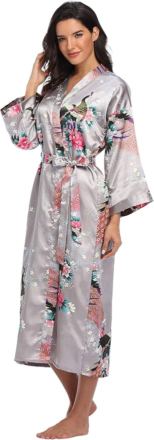 Valennia Women Long Silky Bathrobe Satin Kimono Robe Floral Printed Dressing Gown Sleepwear