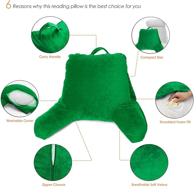 Clara Clark Reading Pillow for Kids & Teens with Shredded Memory Foam, Backrest Pillows for Reading, Watching, and Gaming, Use on The Couch, Bed, or Floor, Adjustable Support with Washable Cover Green