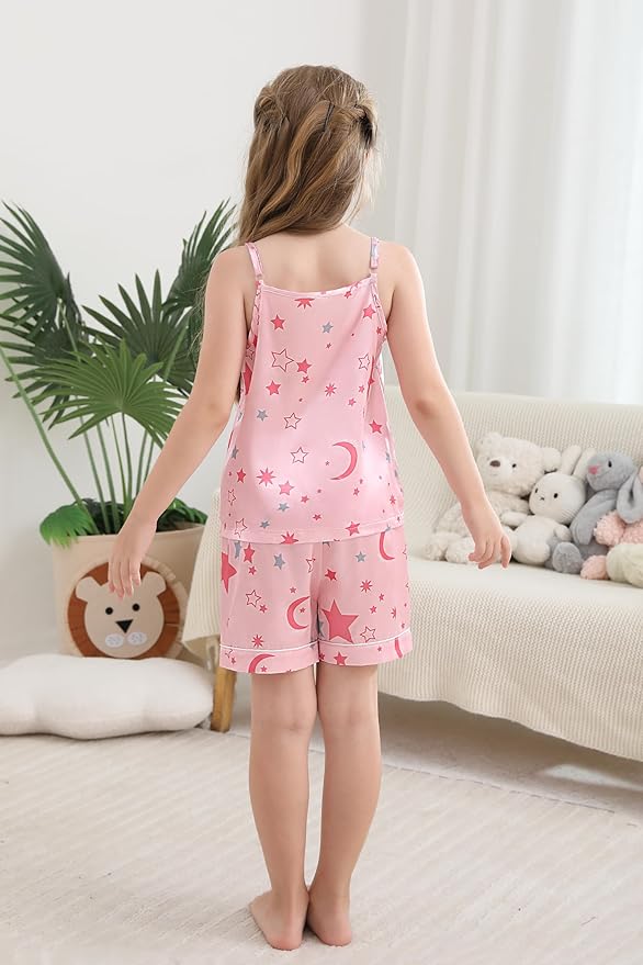 Weixinbuy Girls Pajamas Silk PJS Set Sleeveless Pajama Tank Elastic Waist Shorts Sleepwear Kids Summer Nightwear Clothes Set