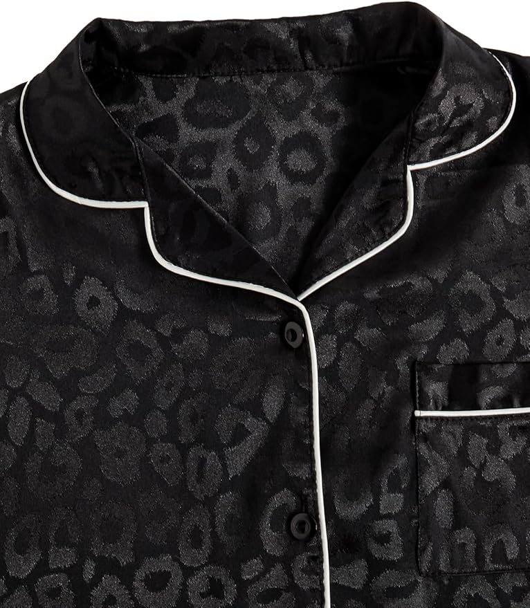 WDIRARA Women's Sleepwear Leopard Print Satin Shirt and Shorts Pajama Set