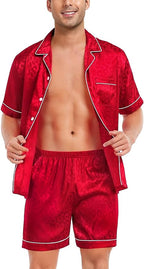 SWOMOG Satin Matching Pajamas Sets Couple Silk Button Down Nightwear Women & Men Short Sleeve Sleepwear 2 Pieces Loungewear