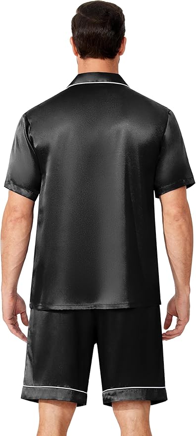 Ekouaer Mens Pajamas Set Silk Satin Sleepwear Short Sleeve Button Down Pjs Set 2 Piece Loungewear with Pockets S-XXL