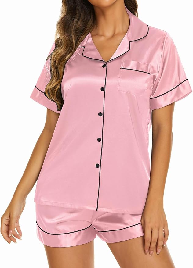 Ekouaer Silk Pajamas for Women Short Sleeve Sleepwear Soft Button Down Loungewear 2 Piece Satin Pjs Shorts Set