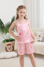 Weixinbuy Girls Pajamas Silk PJS Set Sleeveless Pajama Tank Elastic Waist Shorts Sleepwear Kids Summer Nightwear Clothes Set