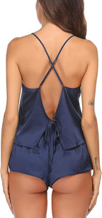 Ekouaer Silk Pajamas Set for Women Satin Backless Lingerie Pjs Cami Top and Shorts Nightwear