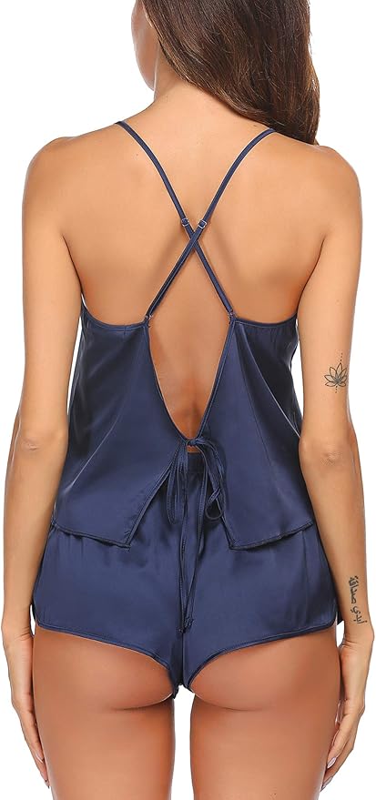 Ekouaer Silk Pajamas Set for Women Satin Backless Lingerie Pjs Cami Top and Shorts Nightwear