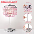 Luvkczc Crystal Touch Table Lamp, Bedside Lamp with USB C+A Ports, Pink Lamp, Dimmable Lamp with Crystal Shade, Nightstand Lamp for Girl Bedroom, Living Room, Bulb Included
