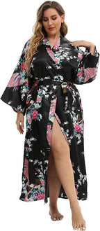Women's Floral Long Satin Robes Plus Size Long Silk Robes Peacock Floral Kimonos Sleepwear Dressing Gown