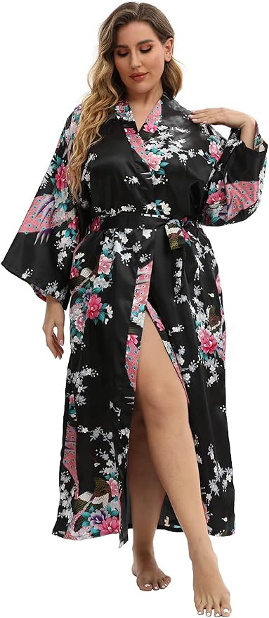 Women's Floral Long Satin Robes Plus Size Long Silk Robes Peacock Floral Kimonos Sleepwear Dressing Gown
