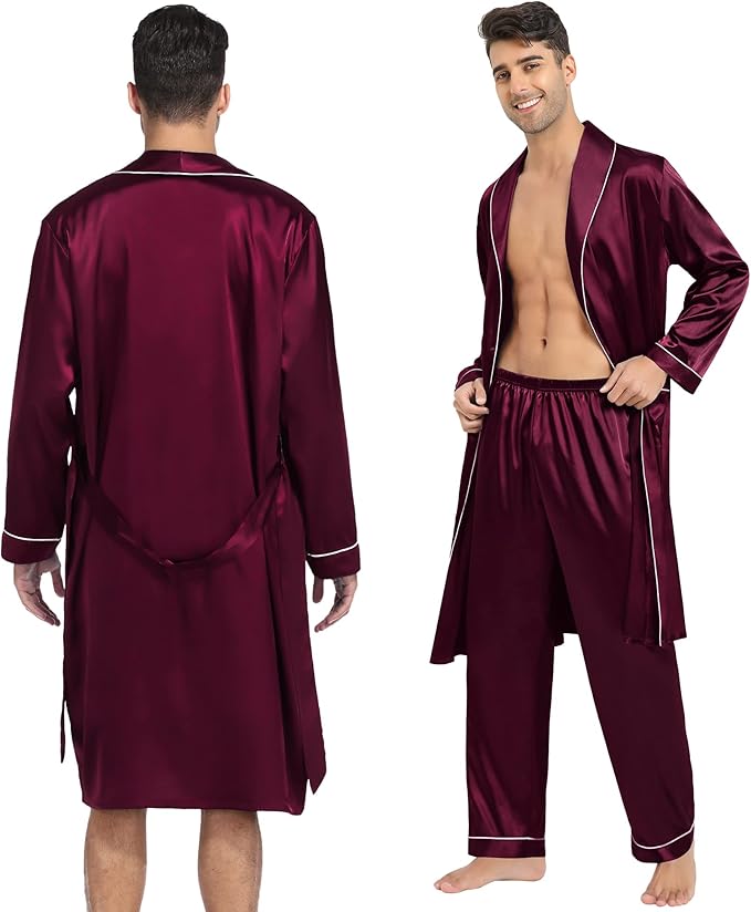 SWOMOG Men's Satin Robe 3 Pcs Silky Kimono Bathrobe Set Lightweight Soft Loungewear Nightwear