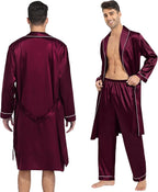 SWOMOG Men's Satin Robe 3 Pcs Silky Kimono Bathrobe Set Lightweight Soft Loungewear Nightwear