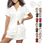 WJing Yi Jia Womens 3Pcs Floral Pajamas Sets Silk Satin Sleepwear XS~4XL Button Down Short Sleeve Shirt Pjs Loungewear