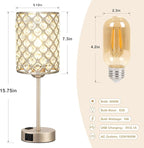 Hong-in Champagne Gold Lamps for Night Stands-Crystal Table Lamp with USB-C+A & AC Charging Ports, 3-Way Dimmable Nightstand Touch Lamp, Bedside Desk lamp for Bedroom Living Room Home Office