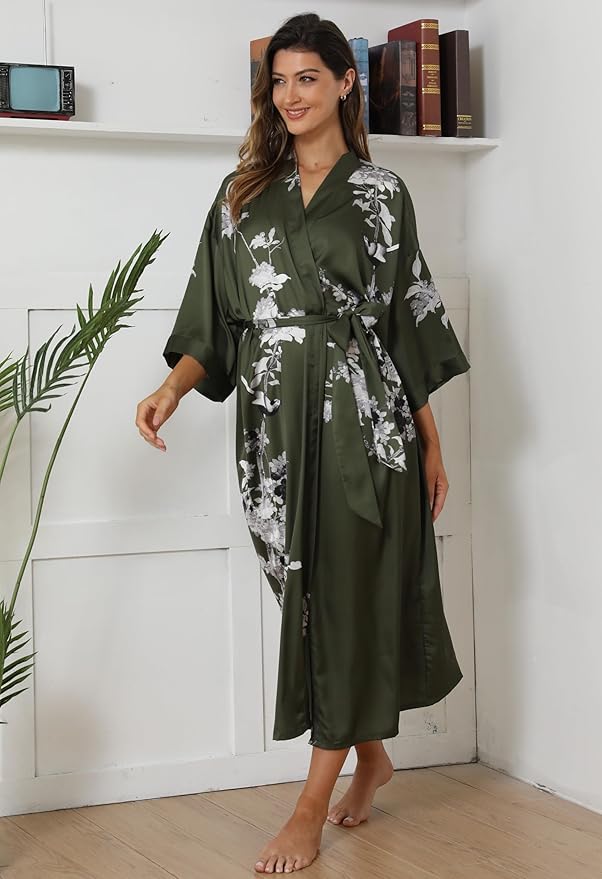 Kihnop Women's Floral Long Kimono Robe Long Satin Robe Long Silk Robe Ladies Kimonos Silky Bathrobe Cover Up, One Size