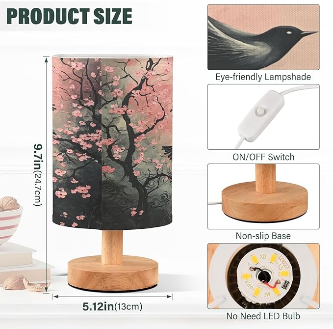 Table LED Lamps Peach Blossom Moon Bird Bedroom Night Light Bedside Lamps with USB Ports Nightstand Lamps Wood Base Living Room Dorm Office