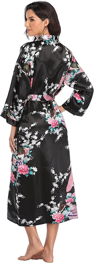 Valennia Women Long Silky Bathrobe Satin Kimono Robe Floral Printed Dressing Gown Sleepwear