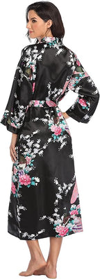 Valennia Women Long Silky Bathrobe Satin Kimono Robe Floral Printed Dressing Gown Sleepwear