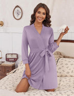 Ekouaer Women‘s Robes Lightweight 3/4 Sleeve Short Knit Bathrobe Soft Knee Length Sleepwear Robes with Pockets S-XXL
