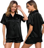 SWOMOG Womens Silk Satin Pajamas Set Short Sleeve Sleepwear Button Down Top and Shorts Loungewear 2 Piece Pjs Set XS-3XL