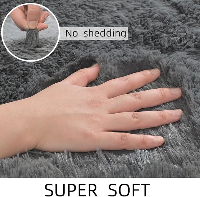 Ultra Soft Shag 3x5 Grey Area Rug – Fluffy Plush Rugs for Bedroom, Bedside, Living Room, Dorm, Kids and Girls Room, Study, Office, Playroom, Non-Slip Easy to Clean Home Décor Carpet