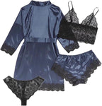Womens Silk Pajamas Robes Set 4PACKS Sexy Pjs Cami Shorts Satin Sleepwear Lace Loungewear