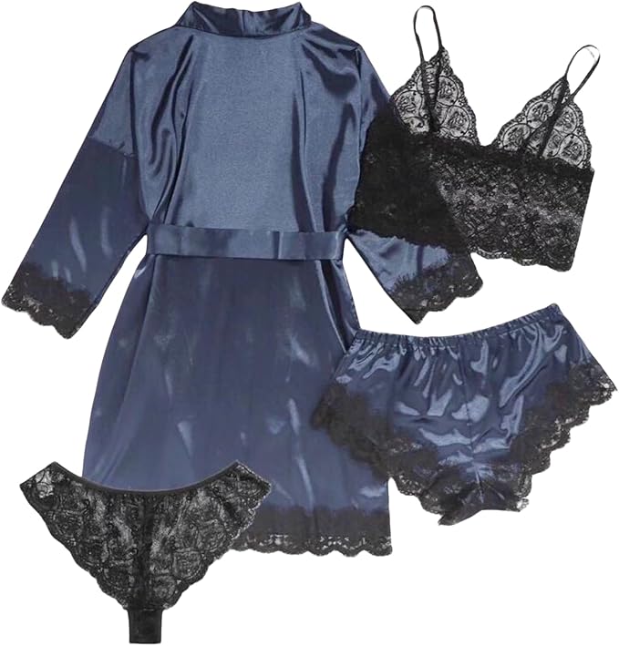 Womens Silk Pajamas Robes Set 4PACKS Sexy Pjs Cami Shorts Satin Sleepwear Lace Loungewear