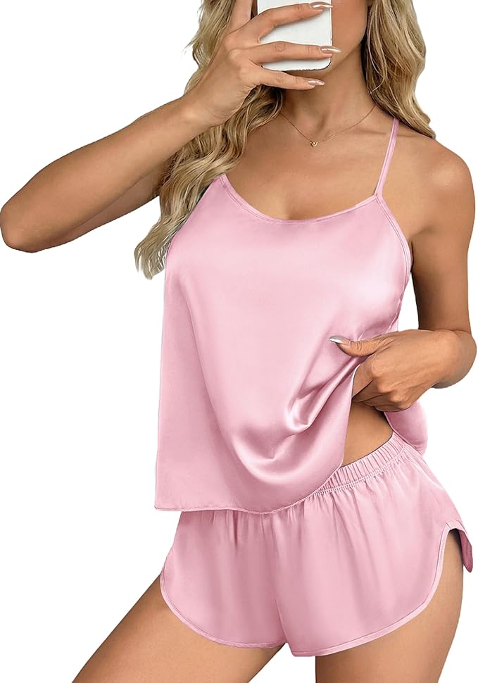 Ekouaer Silk Pajamas Set for Women Satin Backless Lingerie Pjs Cami Top and Shorts Nightwear