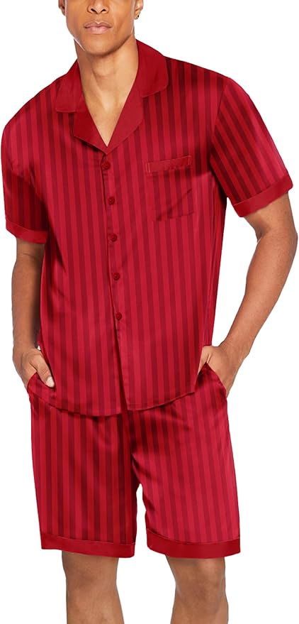 Ekouaer Men Satin Silk Pajamas Set with Pockets Sleepwear Shorts Satin Summer Loungewear 2 Piece Button Down Set S-3XL