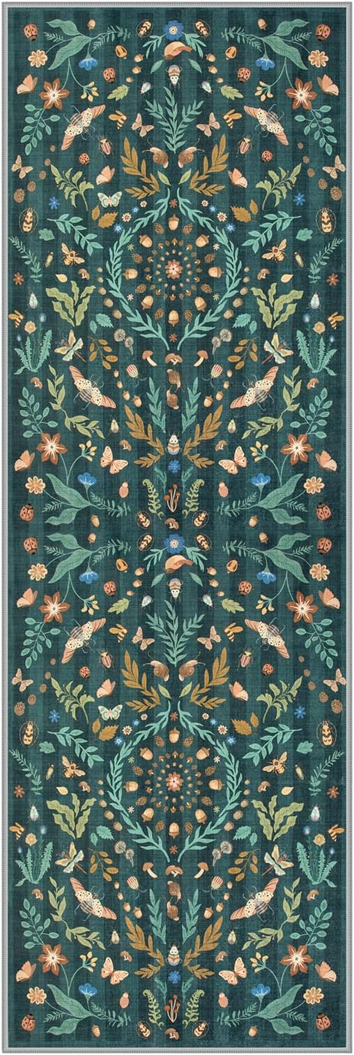 Lahome Chloe Insect Botanical 2x6 Runners for Hallways Non Slip, Green Bathroom Kitchen Runner Rugs Non Skid Washable, Boho Soft Indoor Carpet for Entryway Laundry Bedroom(Dark Green,2x6)