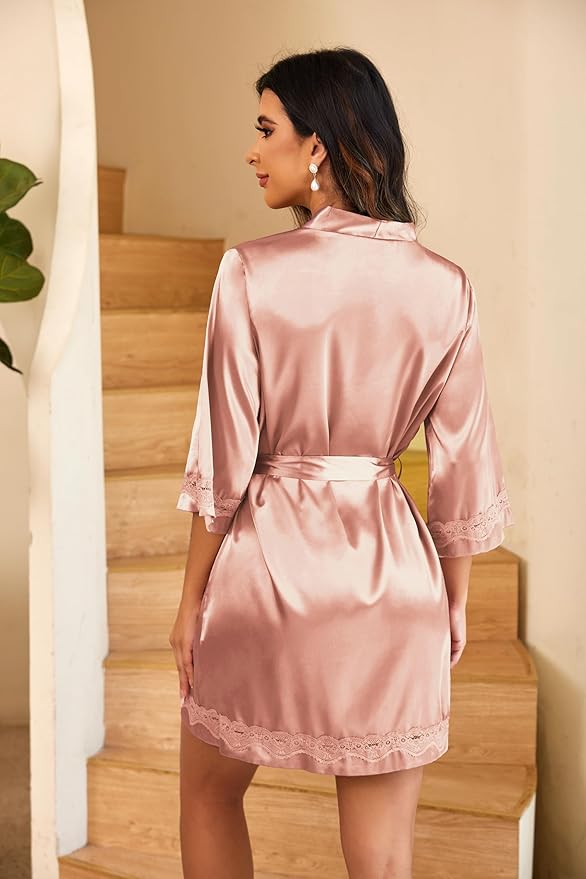 Ekouaer Women's Lace-Trim Silk Robes Bride Bridesmaid Kimono Satin Bathrobe V Neck Sleepwear with 3/4 Sleeve