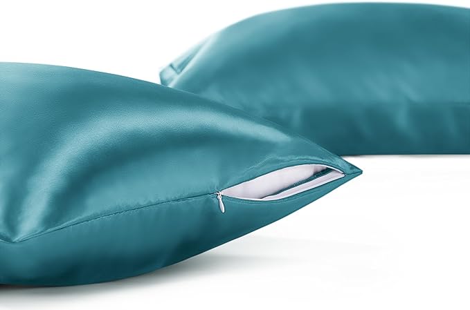 Bedsure Satin Pillowcase with Zipper, Similar to Silk Pillow Cases 2 Pack, Satin Pillow Cases Queen Size Set of 2, Silky & Soft Teal Pillow Covers for Hair and Skin, Gifts for Women Men, 20x30 Inches