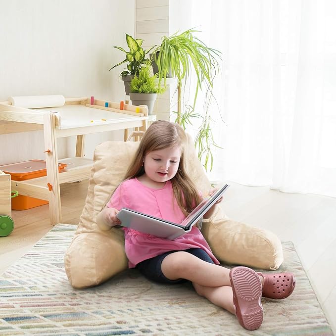 Clara Clark Reading Pillow for Kids & Teens with Shredded Memory Foam, Backrest Pillows for Reading, Watching, and Gaming, Use on Couch, Bed, Floor, Adjustable Support with Washable Cover Beige Cream