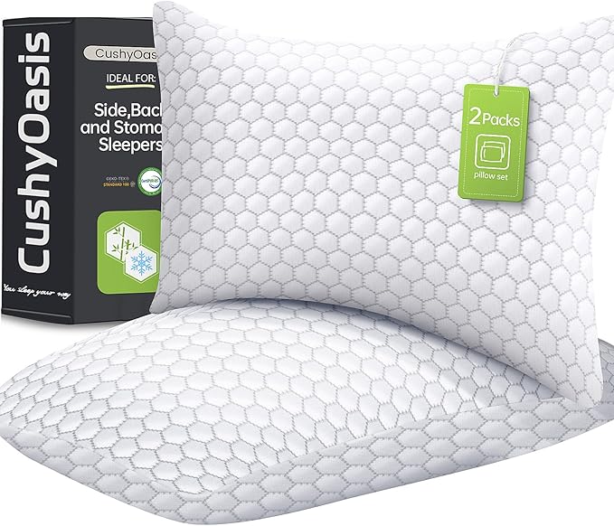 CushyOasis Shredded Memory Foam Pillow for Sleeping, Cooling Bed Pillows Set of 2, Adjustable Pillows for Side, Back, Stomach Sleepers with Washable Pillowcase (Queen Size, Grey)