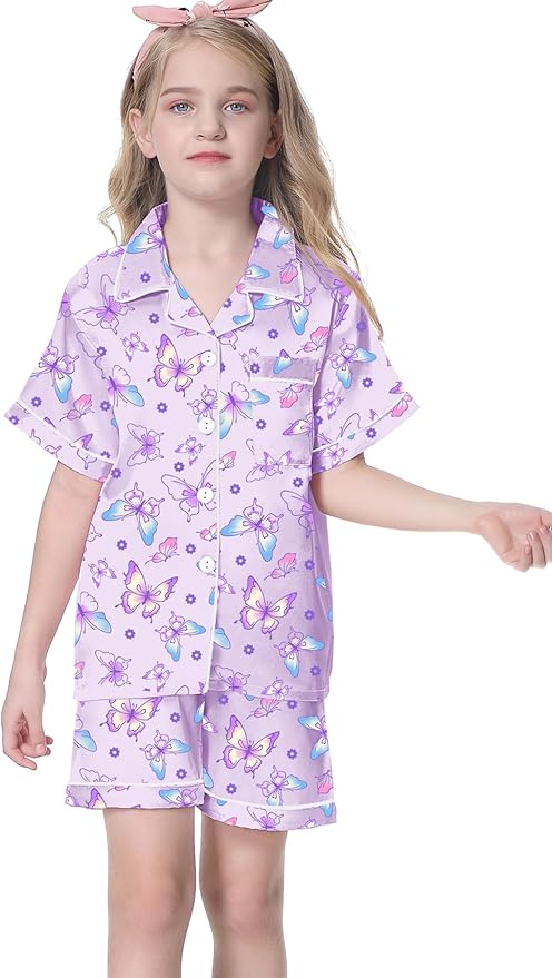 Umeyda Women & Girls Pajamas Set, Soft Satin Lightweight Silk Button-Down Top with Shorts 2 Piece PJS for Mom Boys Kids Gifts