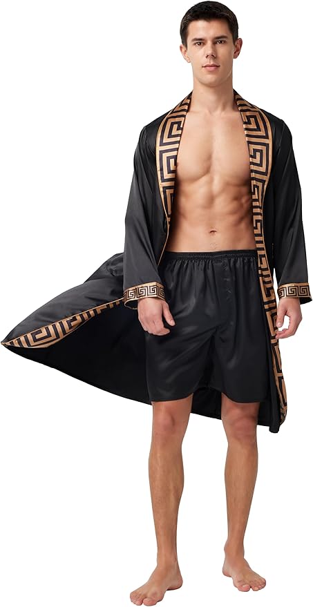 Tony & Candice Men's Satin Robe Lightweight Long Sleeve Silk Kimono Bathrobe with Shorts Set Sleepwear