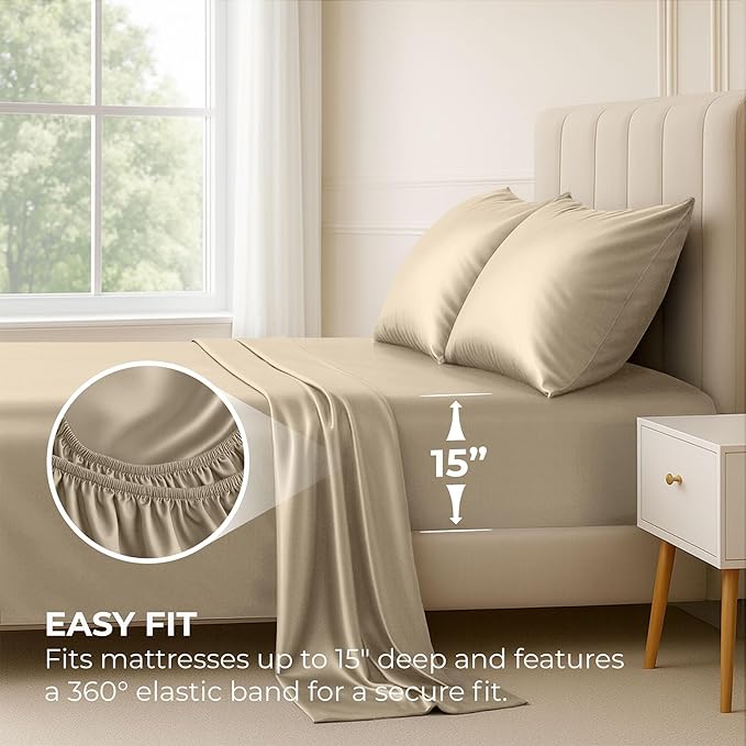 Satin Sheets King [4-Piece, Champagne Gold] Hotel Luxury Silky Bed Sheets - Extra Soft 1800 Microfiber Sheet Set, Wrinkle, Fade, Stain Resistant - Deep Pocket Fitted Sheet, Flat Sheet, Pillow Cases