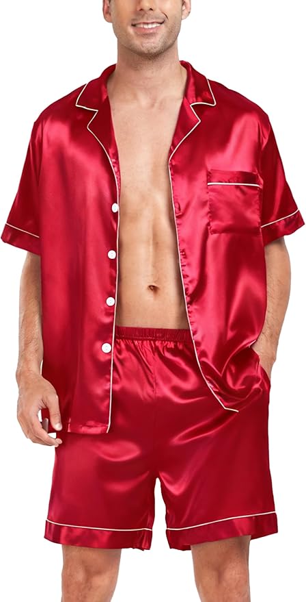 SWOMOG Satin Matching Pajamas Sets Couple Silk Button Down Nightwear Women & Men Short Sleeve Sleepwear 2 Pieces Loungewear