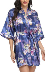 Women's Floral Satin Robes Bride Bridesmaid Getting Ready Robe Short Silky Kimono Sleepwear for Wedding Party