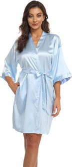 Women's Pure Short Kimono Robes Bride Bridesmaids Silky Bathrobe Lightweight Satin Sleepwear